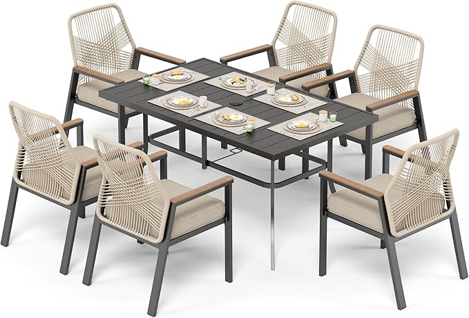 7 Pieces Patio Dining Set, 6 x Woven Rattan Chairs with Waterproof Cushion, 59" Rectangular Metal Dining Table with Umbrella Hole, Outdoor Table and Chairs Set for Backyard Lawn and Deck, Beige SUNSHINEVALLEY