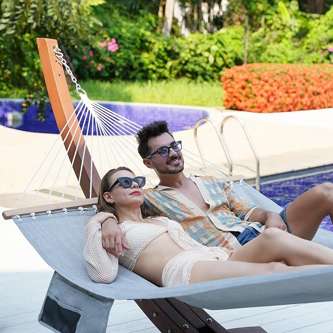 Lazy Daze Hammocks 11 FT Double Outside Hammock Quick Dry Olefin Fabric Hammock with Spreader Bar & Side Pocket for Outdoor Poolside Backyard 450 lbs Capacity, Grey LazyDazeHammocks