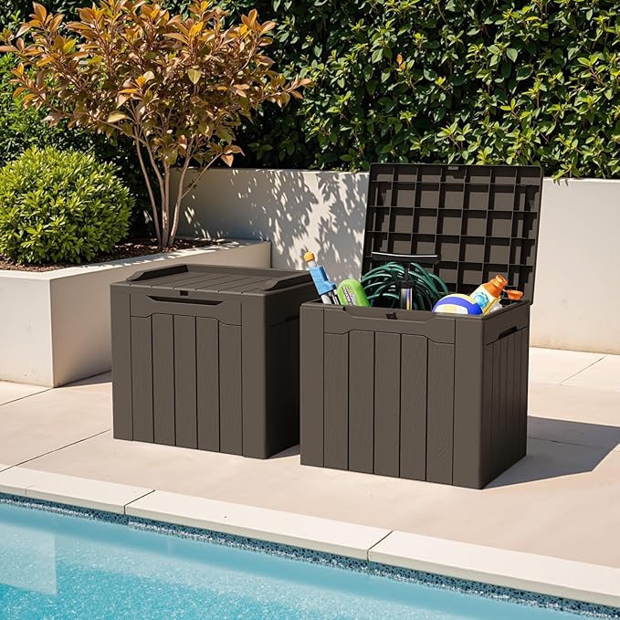 Greesum 31 Gallon Deck Box for Outside, All Weather Outdoor Storage Boxes for Patio Furniture Set, Package Delivery Box, Garden Tools, Brown(Set of 2) BuynowfromGreesum