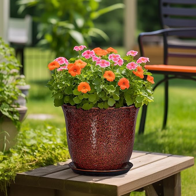 Ceramic Pots for Plants - 12 Inch Plant Pot for Indoor Outdoor, Round Planter with Drainage Hole and Saucer, Large Decorative Planters, Modern Flower Pot, Office Decor, Garden Gifts, Red SUNPOTFOR
