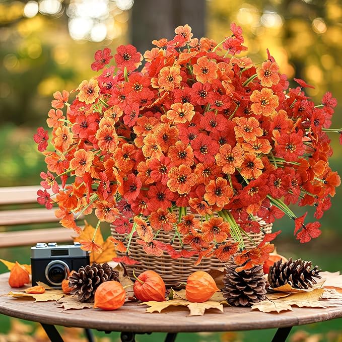 MACTING 24 Bundles Artificial Fall Flowers for Outdoors Faux Mums Outdoor Plants UV Resistant Fake Silk Flowers for Planters Patio Garden Porch Indoor Outside Autumn Thanksgiving Decor,Orange & Red MACTING