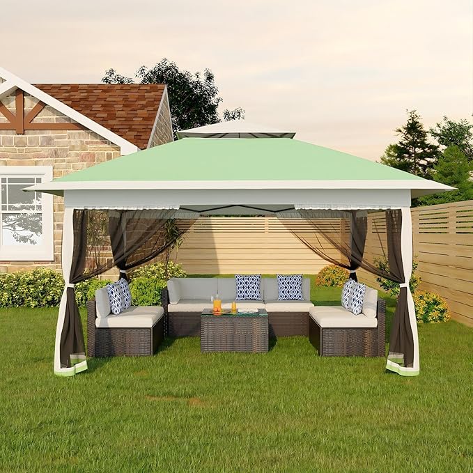 Canopy Tent 13x13 ft, Pop Up Gazebo One-Push Setup with 4 SandBags for Backyard Parties and BBQs, Mosquito Netting & Height Adjustable - Olive Green GarveeLife