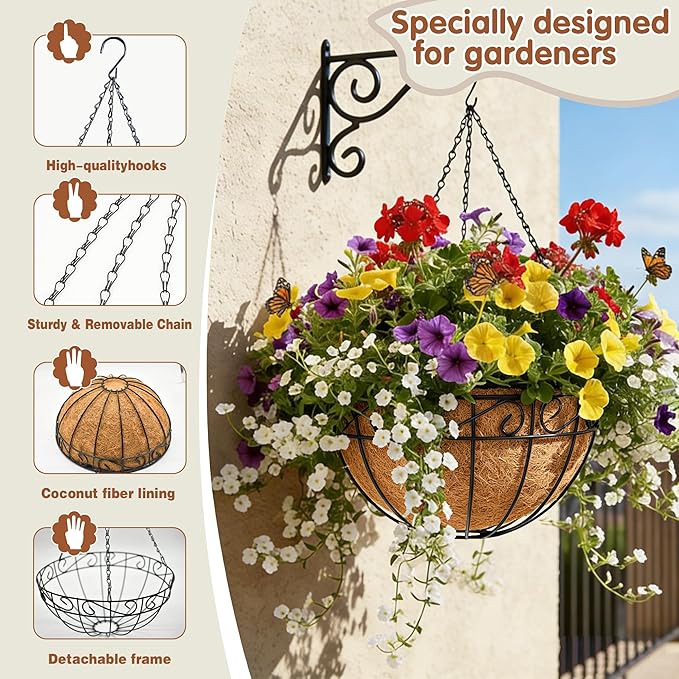 14 inch Metal Hanging Baskets For Plants Outdoor 4 Pack Round Metal Wire Hanging Basket Planter with Coco Fiber Liners Chain Round Wire Plant Holder for Garden, Patio, Deck, Porch Plants Flower Potss JFFLYIT