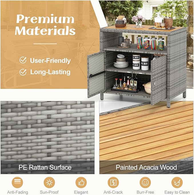 Tangkula Rattan Outdoor Storage Cabinet, Patiojoy Outdoor Cabinet with Acacia Wood Countertop, Open Compartment, 2-Door Wicker Sideboard, Outdoor Bar for Patio Garden Backyard Poolside (Mix Grey) TANGKULA