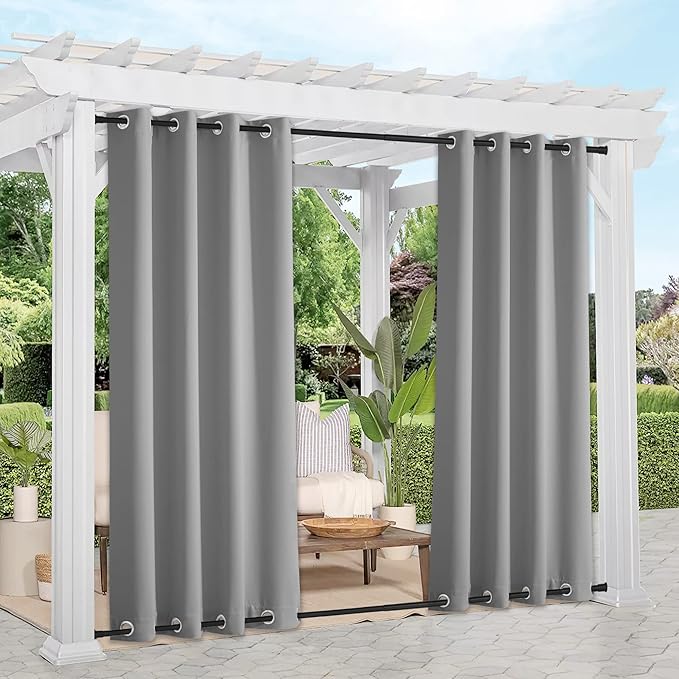 NICETOWN 2 Panels Sliver Grey Blackout Outdoor Curtains for Patio Waterproof 84" Long, Top and Bottom Rustproof Grommet Heavy Weight Windproof Drapes, Keep Privacy for Porch, W52 x L84 NICETOWN