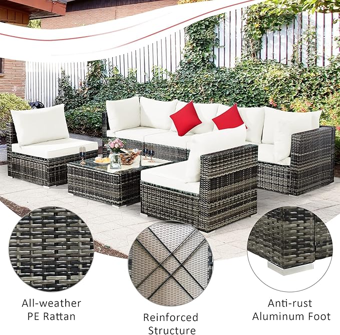 Tangkula 7 Pieces Wicker Patio Furniture Set, All-Weather Outdoor Rattan Sectional Sofa Set with Cushions & Tempered Glass Coffee Table, Outside Sofa Set for Garden, Lawn, Deck, Backyard (White) TANGKULA