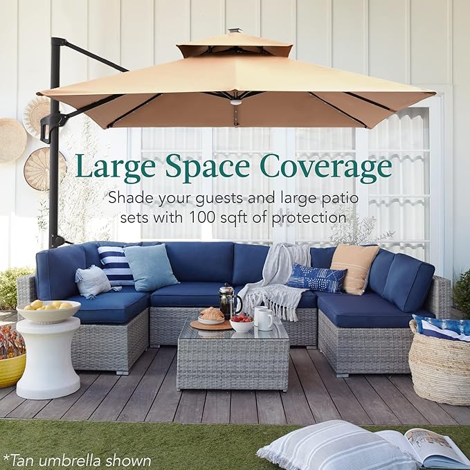 Best Choice Products 10x10ft Cantilever Patio Umbrella w/Base Included, Solar LED Lights 360 Rotation Large Offset Hanging Outdoor Shade for Deck Pool Backyard w/Stand – Red BestChoiceProducts