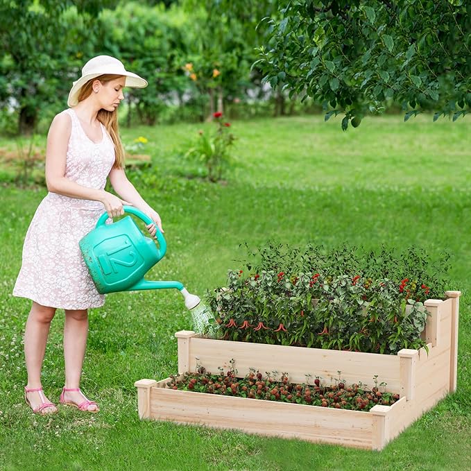 Giantex 3-Tier Raised Garden Bed, Tiered Planter Box w/Open-Ended Base, Fir Wood Elevated Raised Beds for Gardening, Vegetable Flower Herb Fruit, Perfect for Patio, Lawn, Backyard Giantex