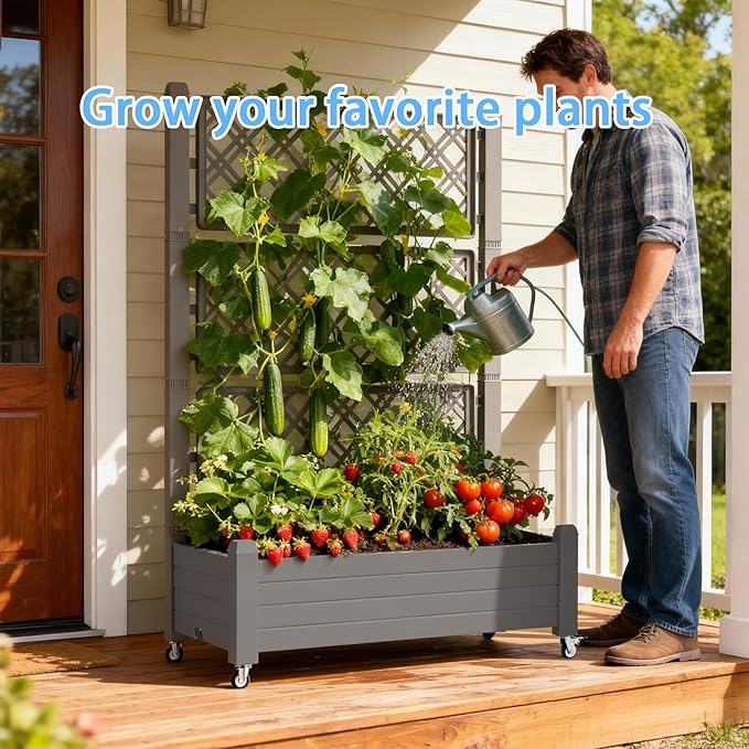 Mobile Garden Planter with Trellis & Lockable Wheels, Outdoor Raised Bed with Drainage & Water Gauge, Weather-Resistant Resin for Patio, Balcony, Yard, Dust-Resistant (Grey, 43.43*18.27*64.29) EASYUP