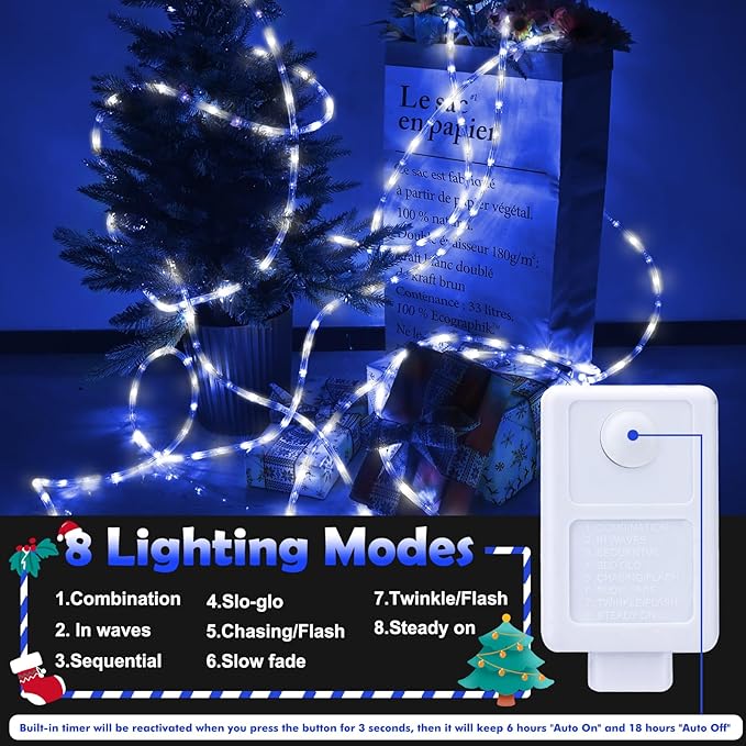 150ft LED Rope Lights Outdoor, 1080 LED Connectable and Flexible Tube Lights with 8 Modes, Waterproof LED Rope Lighting for Garden Patio Bedroom Party Pool Indoor Outdoor Christmas Decor (White&Blue) Jnaurb