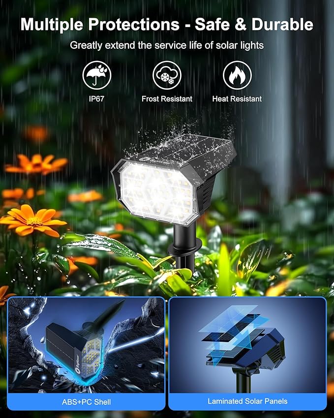 Brightown 4Pack Solar Spot Lights Outdoor with 58 LED & 1800mAh, IP67 Solar Lights Outdoor Waterproof with 3 Light Modes, 2-in-1 Dual Use Outdoor Solar Lights for Yard, Garden and Pathway (Cool White) Brightown