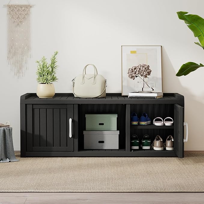 2-Tier Storage Bench, Waterproof UV-Resistant Outdoor Shoe Storage Cabinet with 2 Doors & Adjustable Shelves for Indoor Outdoor Entryway, Hallway, Living Room(Black) NBYSGO