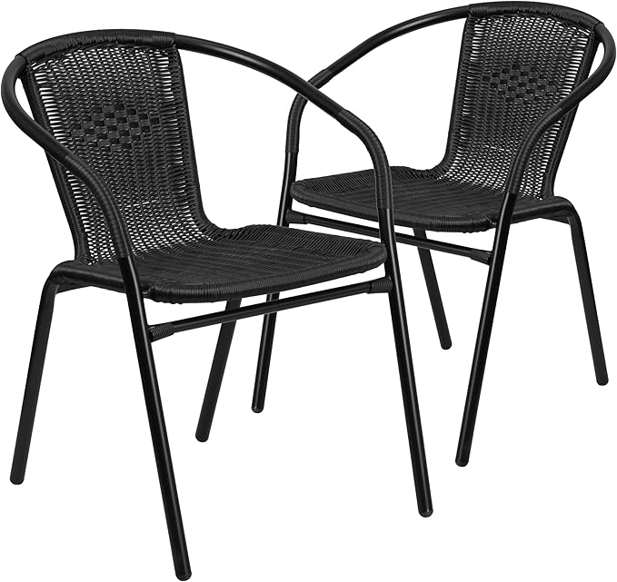 EMMA + OLIVER Set of 2 Modern Rattan Indoor/Outdoor Stack Chairs, Stacking Rattan Patio Chairs with Curved Back and Cross Bracing, Black EMMAOLIVER