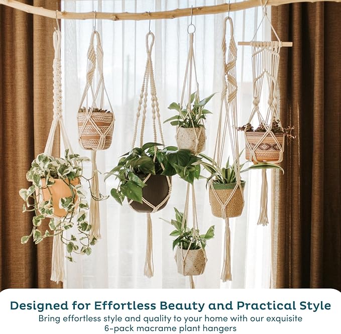 Nook Theory 6-Pack Macrame Plant Hangers with 12 Hooks - Hanging Planters for Indoor Plants, Boho Macrame Hangers Indoor Outdoor, Decorative Plant Hanger Indoor (Cream) NookTheory