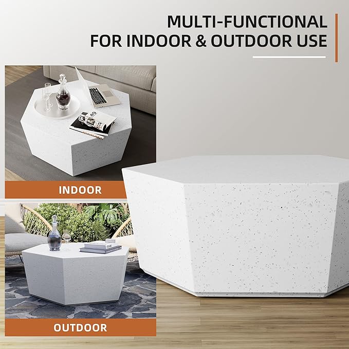 UPHA Outdoor Hexagon Coffee Table, Small Modern Minimalist Accent Tables, Low Light Concrete Center Table for Living Room, Outside Patio, Deck, 35×30.7×15, Off-White UPHA