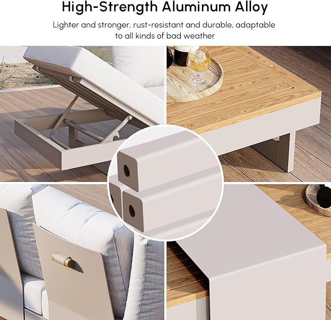 homary 6 Piece Aluminum & Teak Outdoor Sofa Set, Patio Sofa Seat L-Shaped Outdoor Sectional Sofa Set with Adjustable Backrests/Waterproof/Fade Resistant Cushions Ideal for Patios/Balconies,Light Gray Homary
