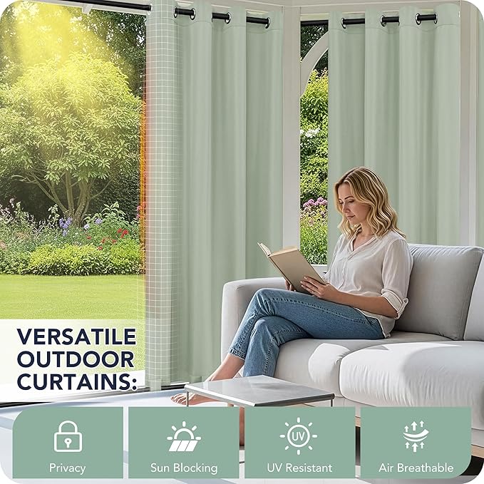 Outdoor Curtains for Patio Waterproof 6 Panels - Windproof, Privacy, Weatherproof Outside Drapes for Gazebo Pergola Porch, Grommet Top and Tab Bottom, 54x84 Inch, Sage Green RichSets