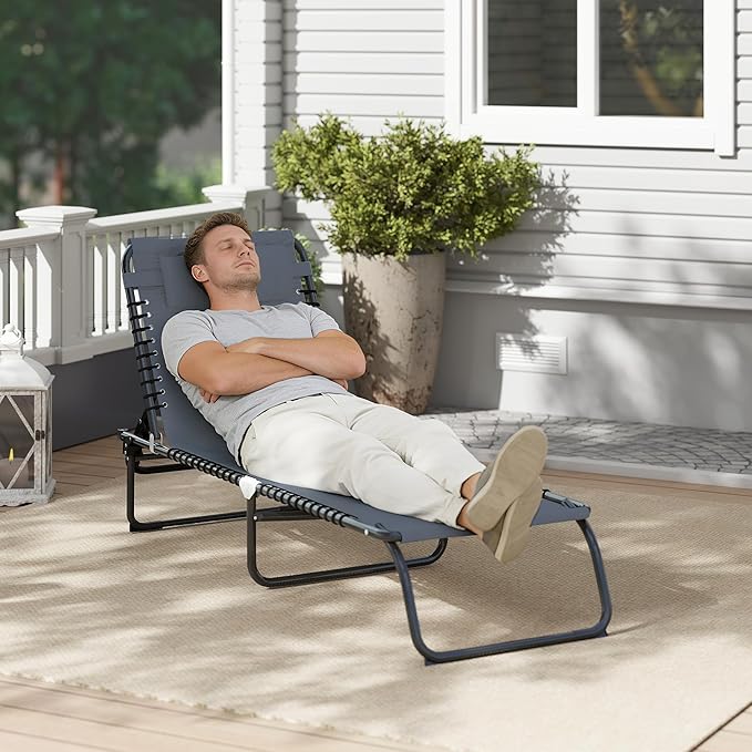 Outsunny Folding Chaise Lounge Chair, Patio Sun Tanning Chair, Outdoor Chaise Lounger with 4-Position Reclining Back, Breathable Mesh Seat for Beach, Poolside, Yard, Gray Outsunny