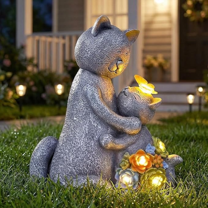 Solar Garden Statues Loving Cat Figurine Lights for Outside, Yard Decorations Outdoor, Garden Decor Unique Mothers Day Birthday Housewarming Gifts for Mom, Women, Lover Candieslife