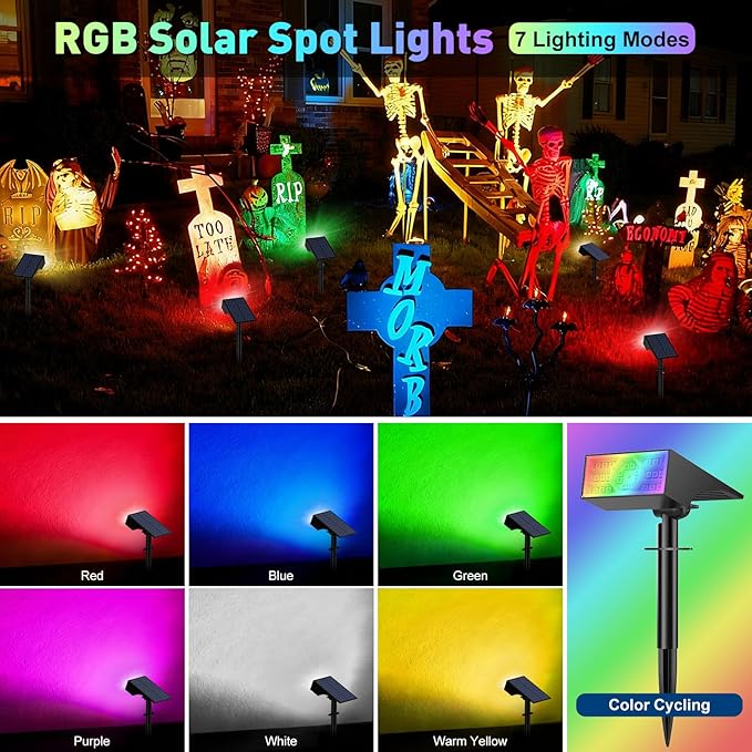 Solar Color Changing RGB Spot Lights Outdoor, 2 Pack/7 Lighting Modes Multicolor Outdoor Lights for Yard Waterproof IP68, Halloween Christmas Solar Landscape Powered Lights Garden Pathway Katipeal