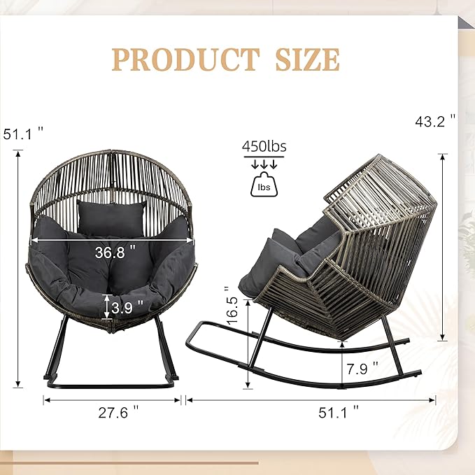 Vongrasig Wicker Rocking Egg Chair PE Rattan with Cushion, Oversized Patio Lounge Rocker Chair for Outdoor, Indoor, Balcony, Backyard, Garden, Black/Rattan Vongrasig