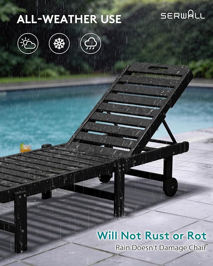 SERWALL Outdoor Chaise Lounge Set of 2, All-Weather HDPE Pool Lounge Chairs with 5-Position Adjustable Reclining Backrest, Rolling Wheels & Cup Holder for Poolside, Black SERWALL