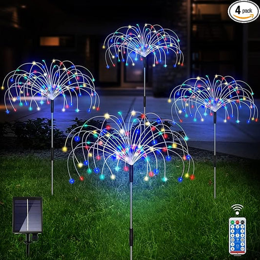 Outdoor Solar Garden Lights, 4 Pack 120 LED Copper Wire Waterproof Garden Fireworks Lamp with Remote, 8 Modes Decorative Sparkles Stake Landscape Light for Pathway Lawn Decor (Colorful) Unihoh