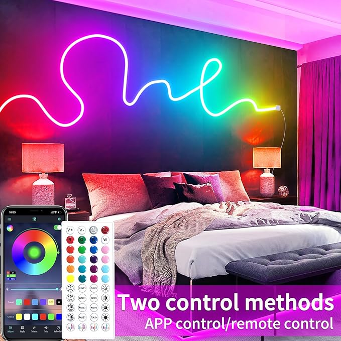 50ft RGB LED neon Rope Lights LED neon Lights with Remote Control/APP Control IP65 Waterproof Flexible Neon LED Strip Lights for Bedroom Room Outdoors Décor segrass