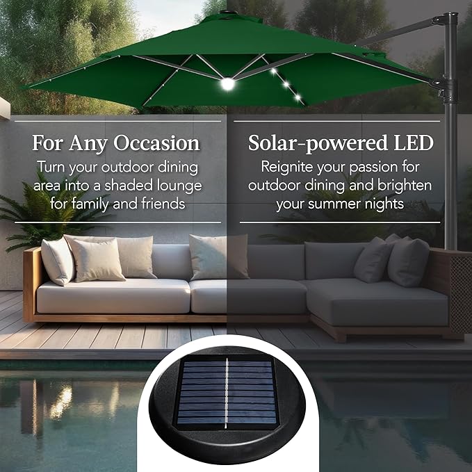 Best Choice Products 10ft Solar LED Offset Cantilever Hanging Market Patio Umbrella, Smooth 360° Rotation, 8 Sturdy Ribs, Easy Adjustment - Green BestChoiceProducts