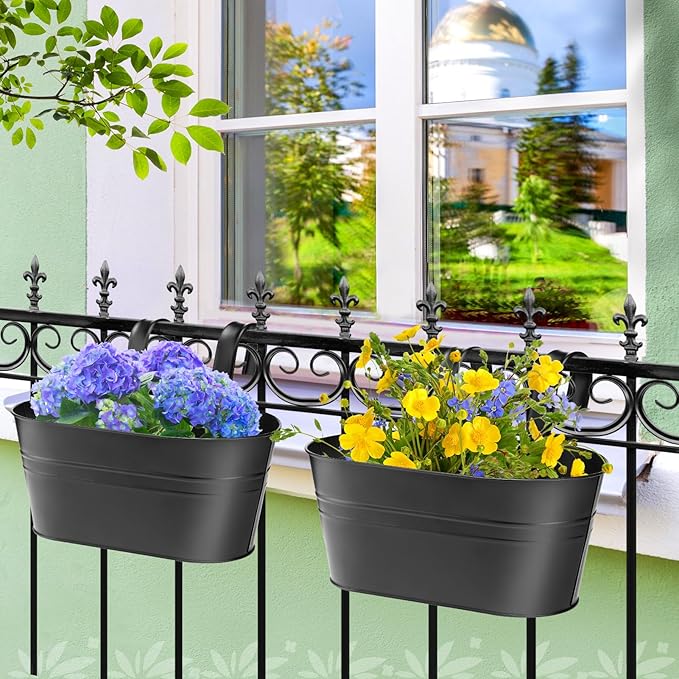 MADHOLLY Railing Planter with Drainage Holes - Sturdy Bucket Pots for Railing Fence, Countryside Style Metal Flower Pots for Herbs Balcony Garden Yard Decor, 2Pcs, Black MADHOLLY