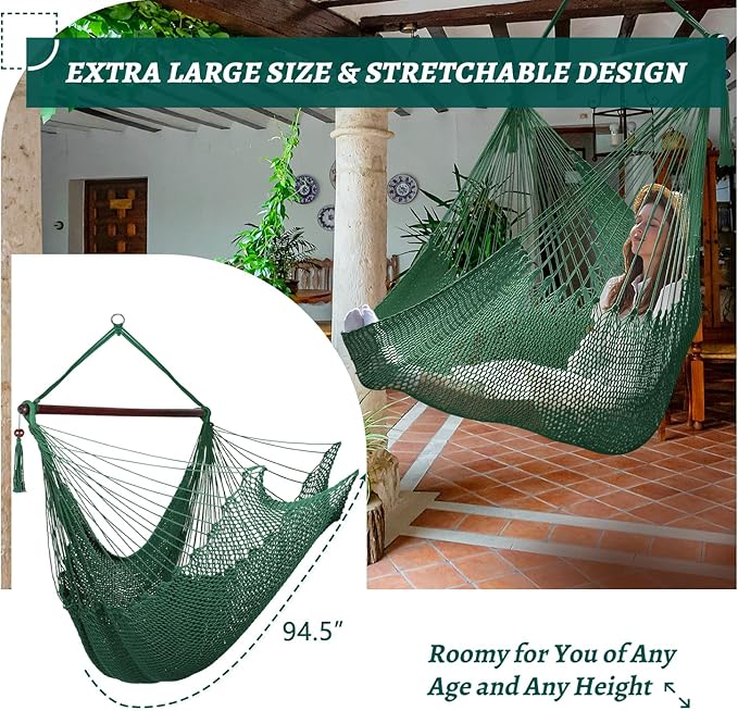 Bathonly Large Hammock Chair with Spreader Bar, Caribbean Hammock Swing Chair, XL Hammock Chair Outdoor Indoor, 330 LBS Weight Capacity, Green Bathonly