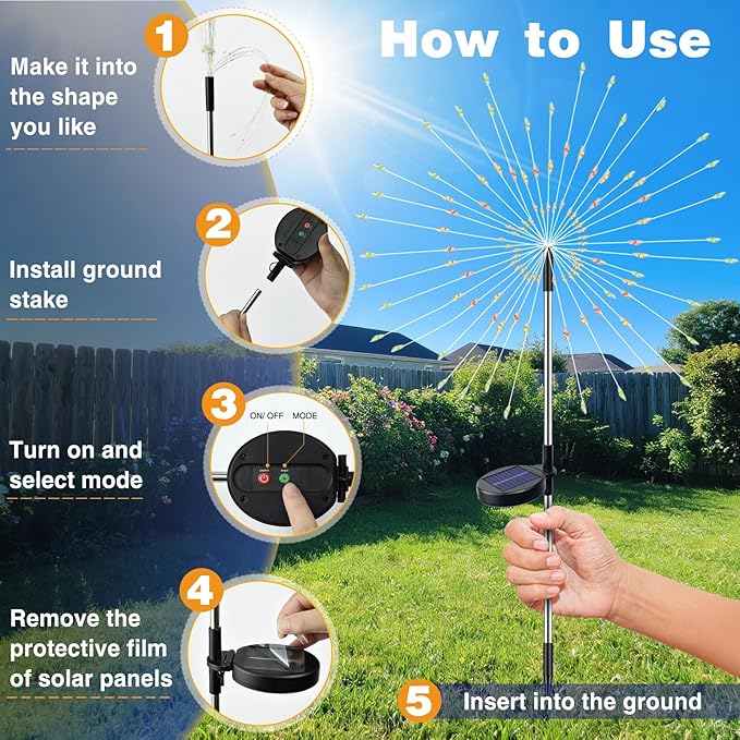 btfarm 1 Pack Solar Garden Lights Outdoor, 8 Modes Firework Lights Solar Powered, Waterproof Twinkle Fairy Light Outside for Yard Patio Pathway Pool Christmas Party Decorative, Warm White btfarmdecorativelighting