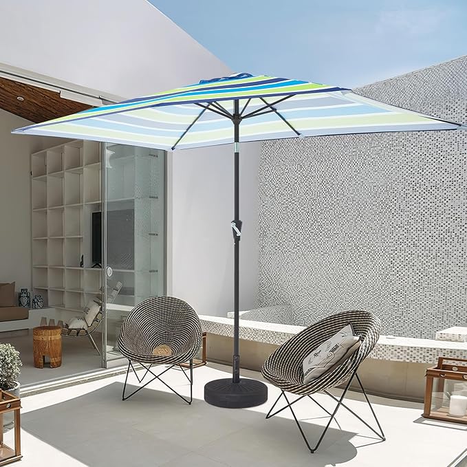 JEAREY 6.5x10 ft Rectangular Patio Umbrellas Rectangle Outdoor Umbrella with Push Button Tilt and Crank, Market Table Umbrella 6 Sturdy Ribs UV Protection for Poolside Garden Backyard Deck, Blue-Green Stripe JEAREYOutdoorsCollection