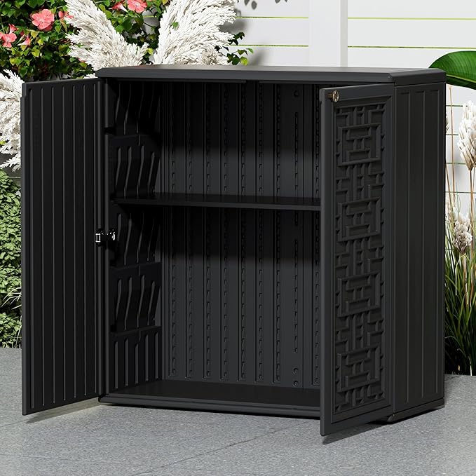 Indoor Outdoor Storage Cabinet Waterproof with Shelf,Plastic Storage Sheds Outdoor Cabinets for Patio/Garden/Backyard, Size 34.3''L*15''W*36.2''H（Black） Mrosaa