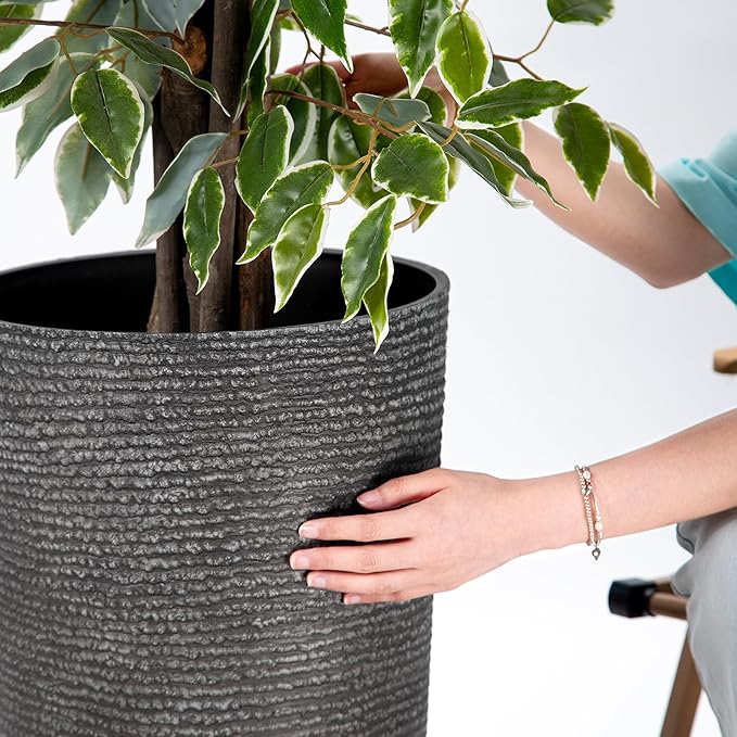 QCQHDU Large Tall Dark Gray Planters Set of 2-9 Gallon 12" Round Outdoor Planters for Front Door & Patio, Faux Stone Indoor Plant Pots with Tray, Porch Decor Plant Containers QCQHDU