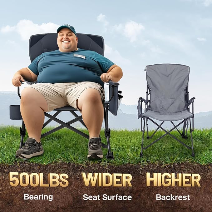 EVER ADVANCED Oversized Folding Camping Chair, for Adults Heavy Duty Lawn Chair with Side Pockets, Portable Collapsible Quad Chair for Outside, Support Up to 500lbs, Grey EVERADVANCED