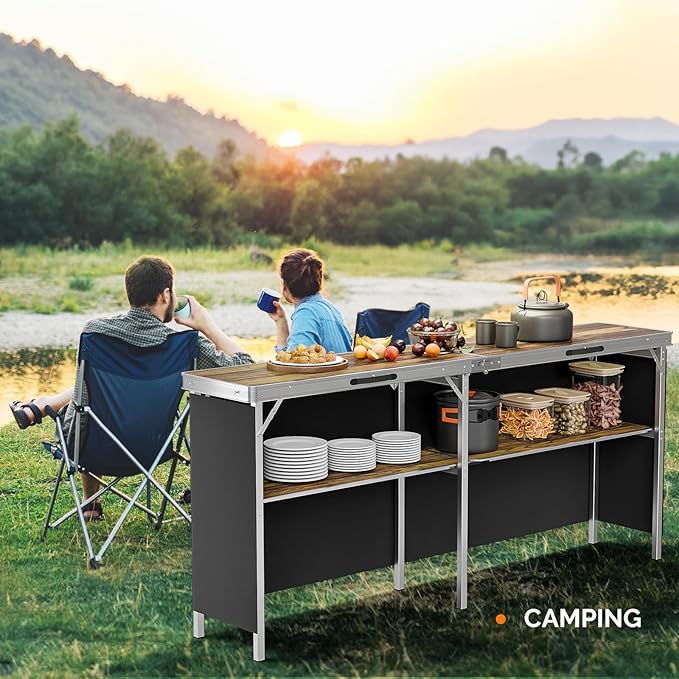 VINGLI 78" Portable Bar Table, 2-Tier Shelves, Mobile Bar Table for Events, Party, Camping, Picnic, Tradeshow, Indoor with Black Skirt VINGLI