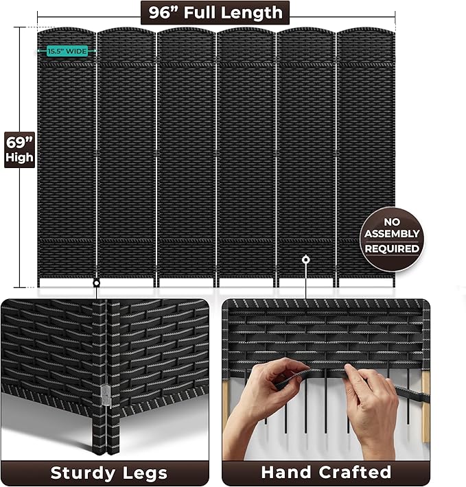 Sorbus 6 Panel Room Divider 6 ft. Tall - Privacy Screen, Extra Wide Double Hinged Panels, Mesh Hand-Woven Design, Partition Room Dividers and Folding Privacy Screens, Wall Divider for Room Separation Sorbus