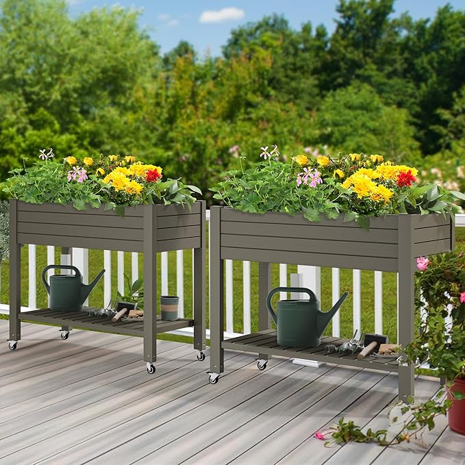 YITAHOME 43.3x17.7x34 in Elevated Garden Bed, Outdoor Plastic Planter Box with Wheels, Legs, Drain Plug, and Storage Shelf for Plants, Vegetables, Flowers, Herbs, Light Brown YITAHOME