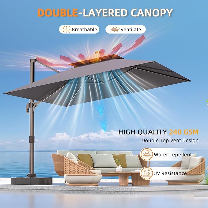 9' X 12' Cantilever Outdoor Patio Umbrellas Double Top Large Rectangle Umbrella Heavy Duty 360°Rotation Offset Umbrella for Garden Deck Pool Patio,Grey ORYNTREX