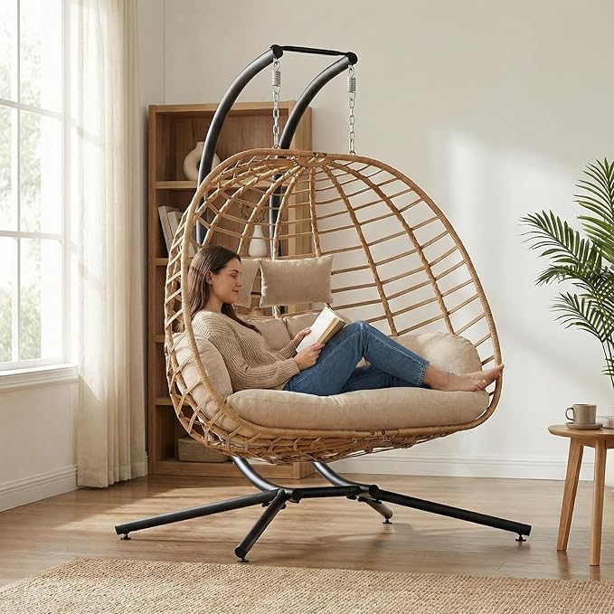 SWITTE Double Hanging Egg Chair with Stand, Outdoor Patio 2 Person Wicker Hammock Swing Chairs with Cushion Loveseat for Indoor Bedroom, Lawn, Garden-Beige SWITTE
