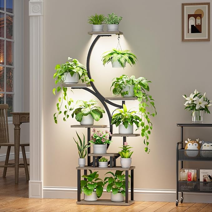 Plant Stand Indoor with Grow Lights - 62" Tall Plant Shelf, Lighted Corner Plant Stands for Indoor Growing, 8 Tiered Large Flower Holder, S-Shaped Decorative Rack for Living Room, Patent Design, Grey BACEKOLL