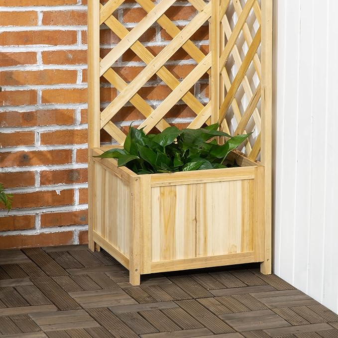 Outsunny Wooden Raised Garden Bed with Trellis, 57" Freestanding Corner Planter Box for Vine Plants Flowers Climbing and Planting Natural Outsunny