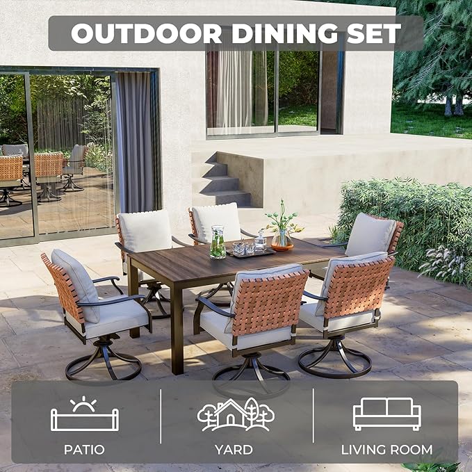 Grand patio 7-Piece Outdoor Dining Set, 6 Leather-Look Resin Wicker Swivel Patio Chairs & 1 Rectangular Woodgrain Dining Table, Brown GrandPatio