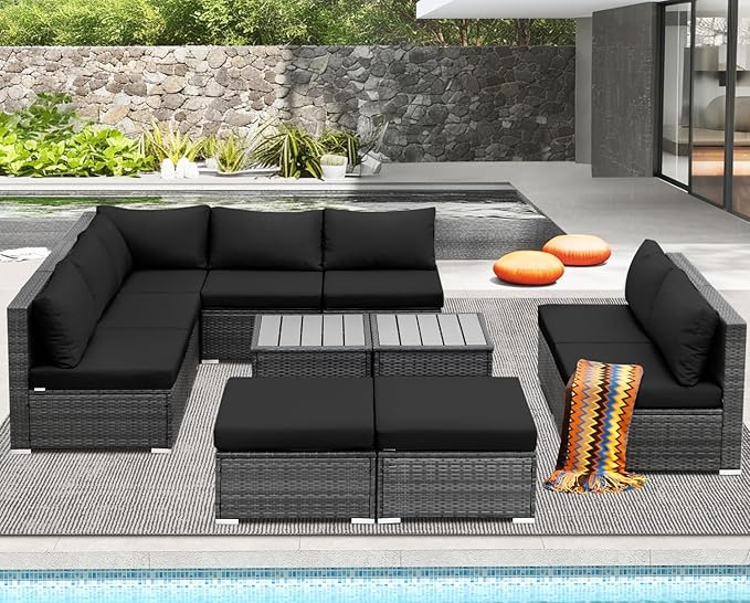 NICESOUL 11 Piece Modern L Shaped Outdoor Sofa Set, 29.3'' High Back Comfy Big Size Wicker Patio Modular Sectional with Table & Ottoman, Rattan Conversation Furniture, 2 Color Cushion Black & Gray NICESOUL