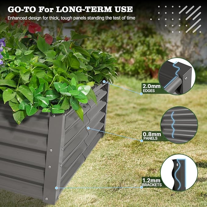 A ANLEOLIFE Set of 6, 18 Inch Tall Quartz Grey Raised Garden Beds Kit, Rectangular & Square Metal Planters for Structured Garden Layouts AAnleolife