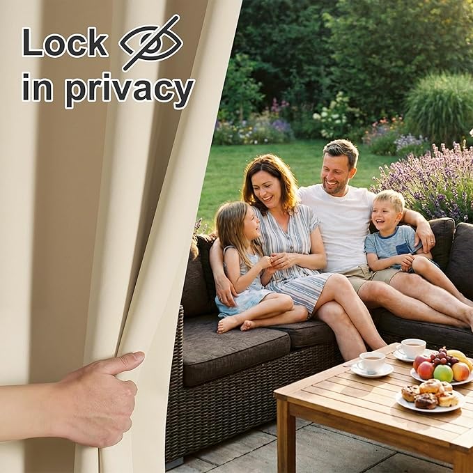 RYB HOME Outdoor Curtains for Patio Waterproof Block Sunlight Thermal Insulated Privacy Assured Thick Outside Curtains for Porch, Gazebo, Pergola, W52" x L84", Biscotti Beige, 1 Panel RYBHOME