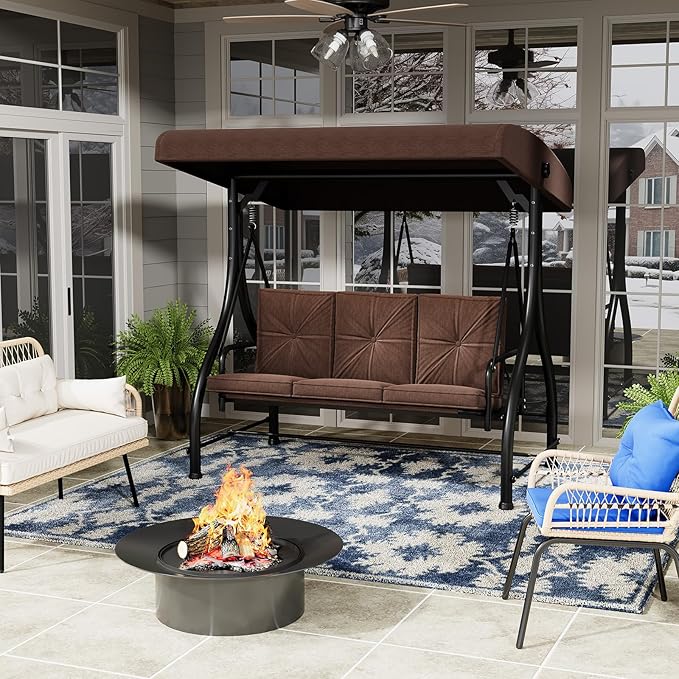 U-MAX Porch Swing Chair with Adjustable Backrest&Canopy, 3 Seat Patio Swing with Canopy 2-in-1 Convertible Outdoor Swing with Canopy Patio Daybed with Removable Brown Cushions for Adults U-MAX