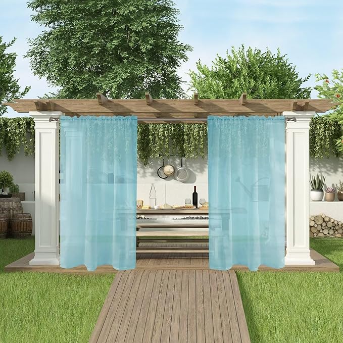 SpaceDresser Waterproof Outdoor Sheer Curtains for Patio - 2 Panels Rod Pocket Indoor Voile Sheer Curtain for Living Room,100W x 96L inch, Aqua SpaceDresser