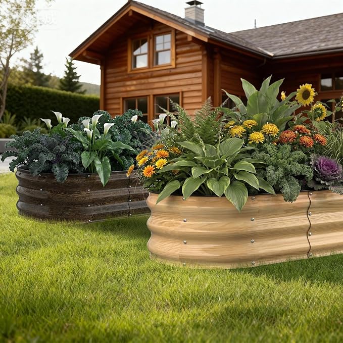 4x2x1FT Galvanized Raised Garden Beds,Raised Garden Bed with Safety Edging and Gloves,Oval Metal Planter Box for Gardening Vegetables Flowers Herb-Natural Oak Patiobay